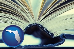 florida map icon and a hardcover book spine (macro photo)