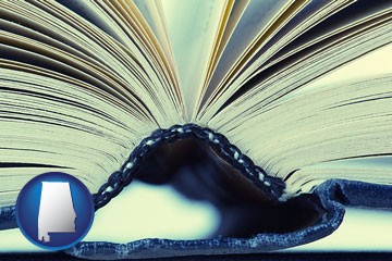 a hardcover book spine (macro photo) - with Alabama icon